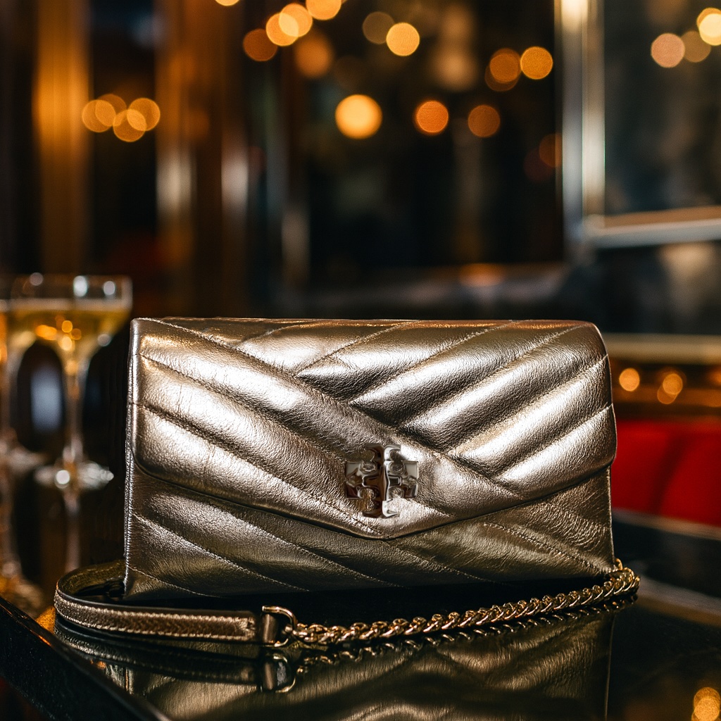 New Tory Burch Kira Chevron Metallic Gold Leather Chain Wallet/Crossbody Bag